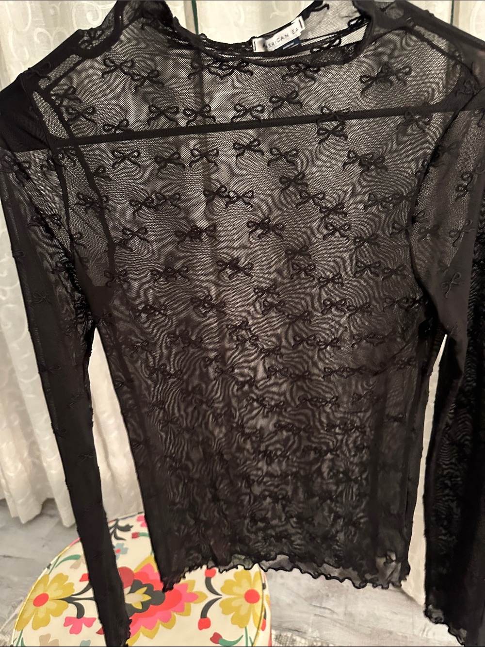 American Eagle Long-Sleeve Mock Neck Mesh Bow Shirt